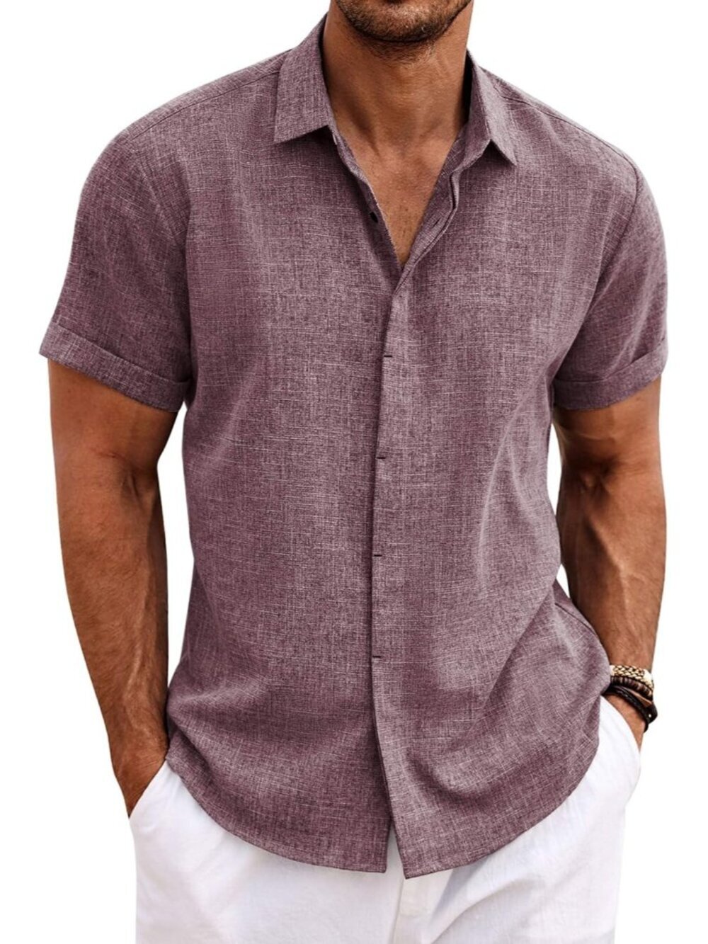 Men's Dark Red Blue Classic Beach Linen Short Sleeve Casual Imported Shirt